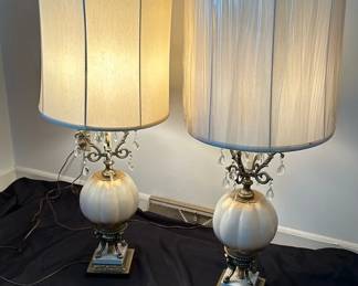 Two MCM Glass Table Lamps with Metal and Marble Base. 