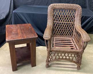 Wicker Style Sunroom Arm Chair And Wood Wise Side Table 