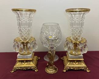 Hollywood Regency Gold Etched Glass Crystal And Marble Urns And Vases Bohemia Glass Made In Czech