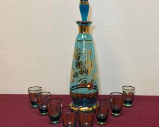 Vintage Turquoise And Gold Decanter And Matching Shot Glasses