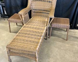 Plastic Wicker Style Chase Lounger Plus Two Small Side Tables. 
