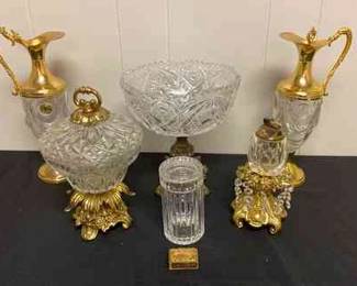 Cut Glass Gold Decor Table Ashtray, Made In Italy, Crystal 