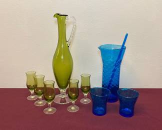 Pretty Pitchers Vintage Green Decanter w Shot Glasses And Blue Cocktail Sever w Glasses
