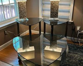 Triangular Double Glass Coffee Table, Two End Tables, and Two Lamps