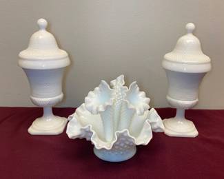 Fenton Hobnail Milk Glass 3 Horn Epergne Centerpiece And Smith Hobnail Milk Glass Pedestal Dishes