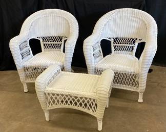 Pair Of White Plastic Wicker Style Arm Chairs Ottoman 