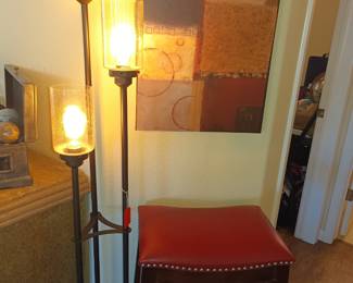 Floor lamp, leather top barstools and art