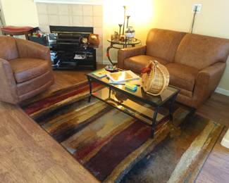 Leather loveseat and chair, with decor