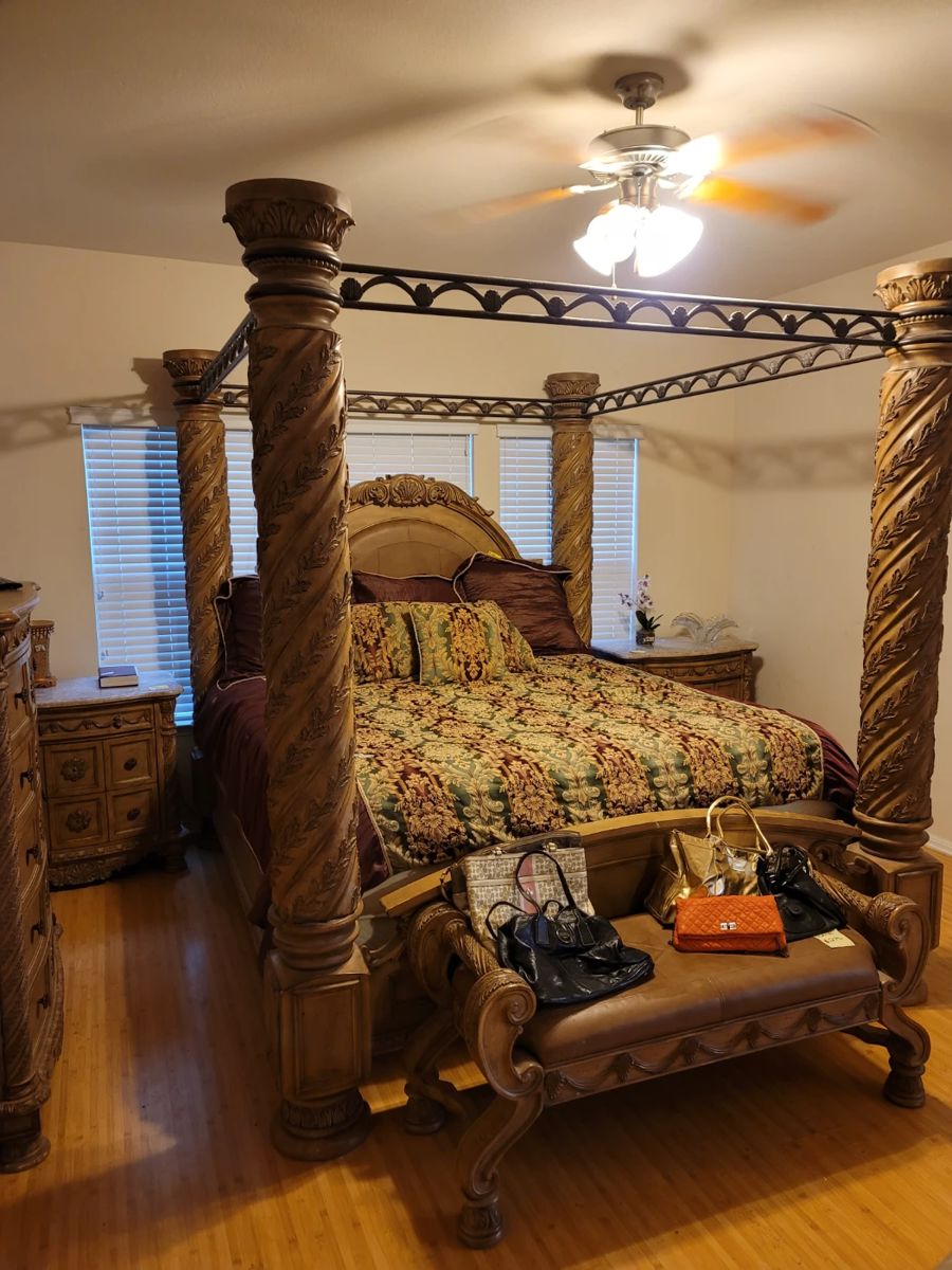 4 Poster King Bed by Ashley Furniture (Millennium Series), Matching Side Tables, Matching Bench, Coach Purses
