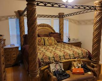 4 Poster King Bed by Ashley Furniture (Millennium Series), Matching Side Tables, Matching Bench, Coach Purses