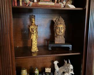 Egyptian replica collectibles, Cast Metal Buddhas, Fitz and Floyd Ceramic Dragon, Chinese Cloisonné bowls and vases