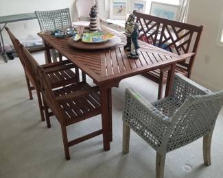 Patio dining set: table, bench seat & two chairs