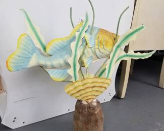 Metal aquatic sculpture on wood base 