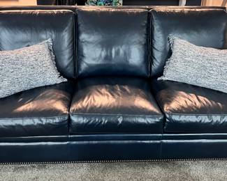 Haverty’s Navy Blue Tufted Leather Sofa in Mint Condition 