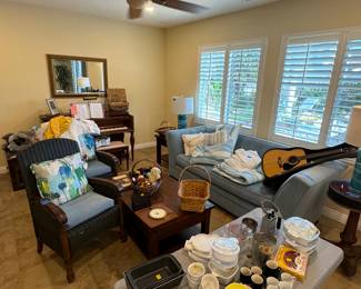 kitchen storage, rattan chairs, coffee table, high quality couch, large mirror, beds & linens, Yamaha F-310 acoustic guitar