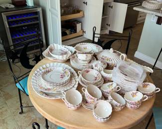 87 piece Made in England China, small solid wood table, 4 piece chair set, wine fridge