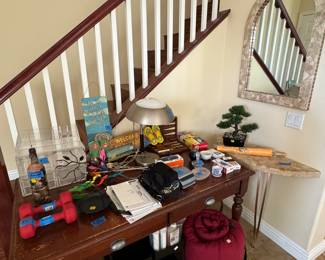 custom made mirror with matching table, misc. home knick knacks, vintage table with drawers, office supply, vintage 90s sleeping bag rarely every used