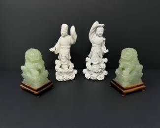 Chinese Carved Stone Foo Dogs & Ceramic Deities