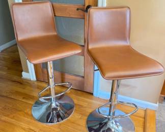 Modern Italian Design Brown Leather & Chrome Bar Stools