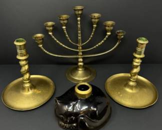 Vintage Brass & Glass Candleholders - Smoke Glass Kitty + Menorah +