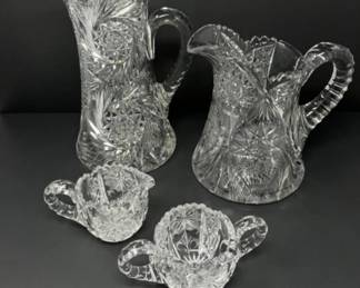 Vintage American Brilliant Cut Glass Pitchers + Creamer & Sugar Bowl