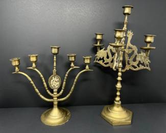 Vtg Chinese Brass Candelabra with Jade Plaque & Brass Dragon Candelabra