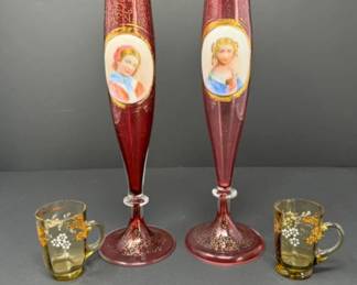 Antique Bohemian Cranberry Glass Enamel Portrait Vases & Mini Cups