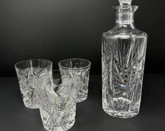 Vintage Czech Cut Crystal Whirling Star Decanter & Lowball Glasses