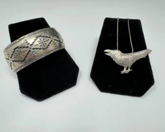 Sterling GB Cuff Bracelet & Sterling Raven Crow Necklace - 68g