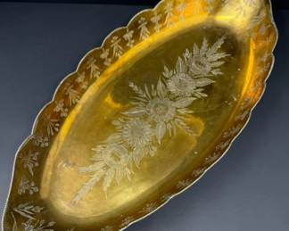 Vintage Floral Etched Footed Brass Tray - 20"L
