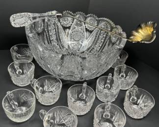 Vintage Czech Cut Crystal Punch Bowl + Ladle & 12 Cups