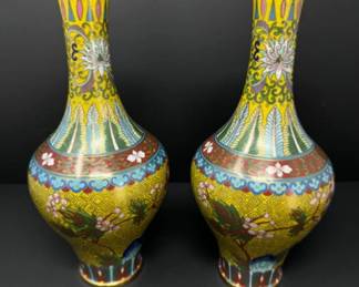 Yellow Cloisonne Floral Enamel Vase Bottle Pair - 10.5"T