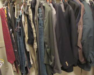 Men's clothing including suits, jackets, ties, jeans, plus