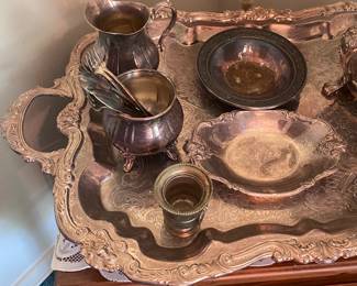 Silverplated Tray with Creamer, Sugar and More