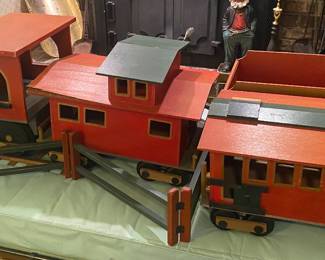 Large Handmade Wooden Locomotive with Cars and Fence