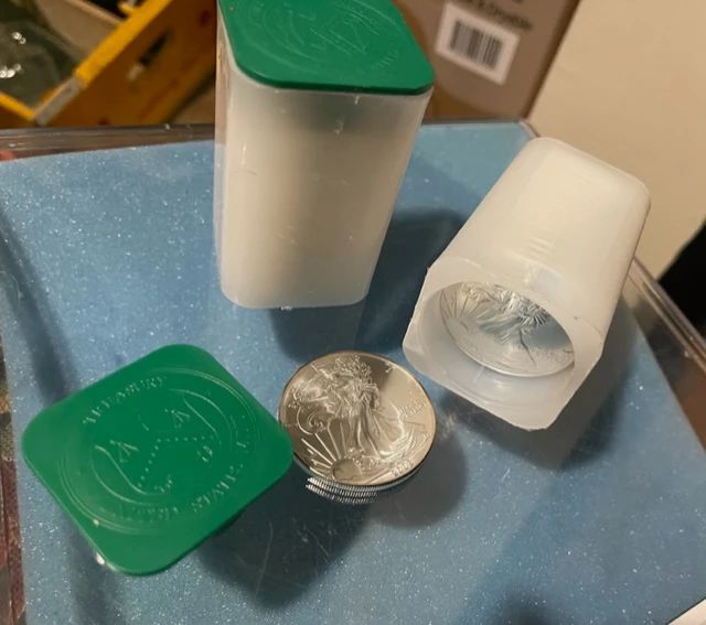 2002 US Silver 1oz Eagle coins 2 uncirculated rolls 20 each roll will be offered @ Estate Barn Sale. THERE WILL ALSO BE AVAILABLE 2 ADDITIONAL STRONG BOXES FULL...AT THE ESTATE BARN SALE TOMORROW, SATURDAY, MAY 4TH FROM 11 TO 5.