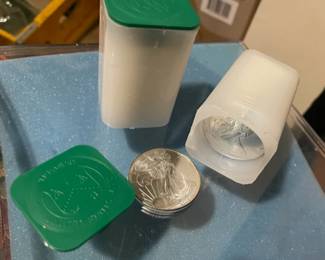 2002 US Silver 1oz Eagle coins 2 uncirculated rolls 20 each roll will be offered @ Estate Barn Sale. THERE WILL ALSO BE AVAILABLE 2 ADDITIONAL STRONG BOXES FULL...AT THE ESTATE BARN SALE TOMORROW, SATURDAY, MAY 4TH FROM 11 TO 5.