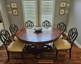 Antique Round Dining Table and 6 Antique Black with Gold Gilt Chairs