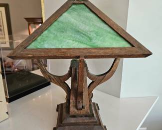Arts and Crafts Mission Oak and Green Slag Glass Table Lamp