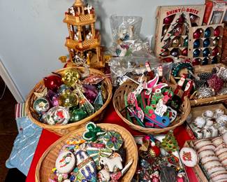 Christmas 3-tier pyramid & handmade ornaments.