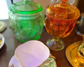 Uranium glass biscuit jar and other beautiful glass and china.