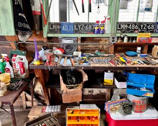 Garage workbench with tools.