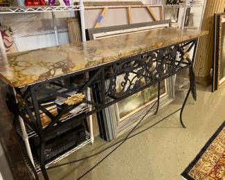 Vintage black wrought iron marble top side table