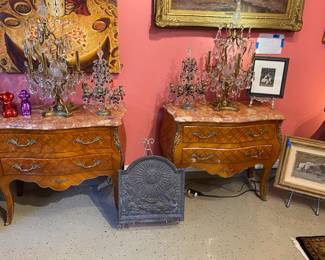 Pair of matching wood inlay marble top commodes
