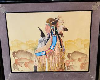 Tiller, Wesley 1955 to 2006 large original oil on canvas. Muskogee-Creek Indian. this particular painting was painted in 1988 and the winner of the red earth award in Oklahoma. 36“ x 48“.