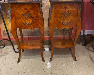 Beautiful matching pair of three drawer, French inlaid side tables
