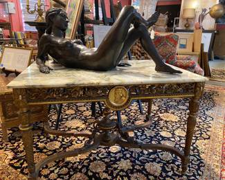 19th century, gilt, wood and marble top writing table by Jules Allard, designer of furnishings in marble house for Alva Vanderbilt.