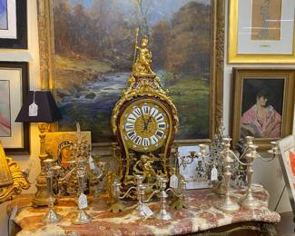 19th century French commode with bronze and original marble top. Very large French clock. And the painting is by Archibald Kay.