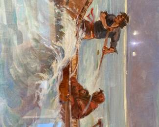 Large oil on canvas set behind glass and framed.