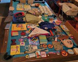 Vintage Scout Patches, uniforms, pins, belts, awards, hats, scarves, books, and equipment.